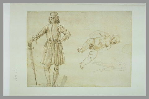 Enfant nu assis ; homme debout tenant une épée ; homme nu achéphale, image 2/2