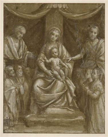 Vierge à l'Enfant sur un trône entourée de saints et de figures à genoux