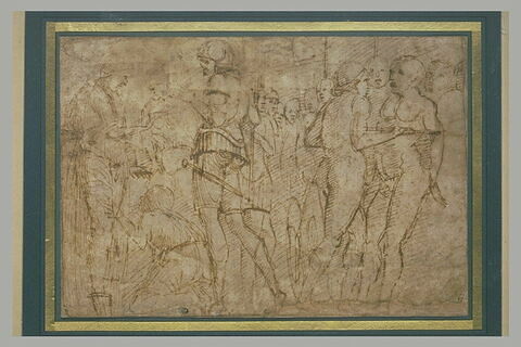 Soldats tenant éloignés une foule d'une figure agenouillée devant une autre, image 2/2