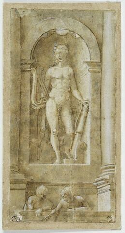 Statue d'Apollon dans une niche, avec, devant, deux hommes vus en buste