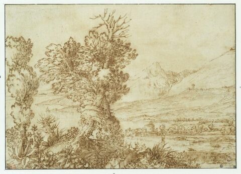 Paysage avec deux grands arbres et des montagnes au loin, image 1/3