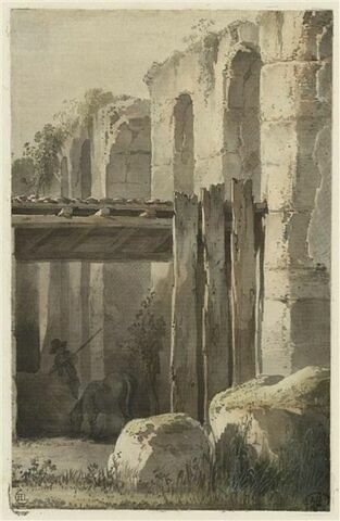 Figure et son cheval sous un pont, près des ruines, aux environs de Lyon