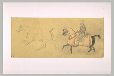 Deux chevaux montés par un palefrenier et un troisième, image 1/1