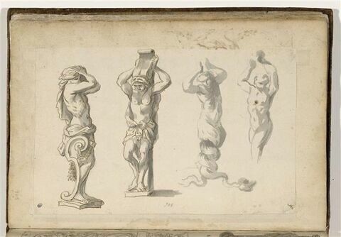 Quatre études de statues (?) : Atlante, terme, triton, figure masculine...