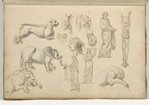 Etude d'après l'antique : statues, animaux et trépied orné d'une lyre