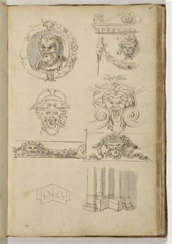 Etudes de motifs décoratifs : mascarons, groupe de colonnes, image 2/3