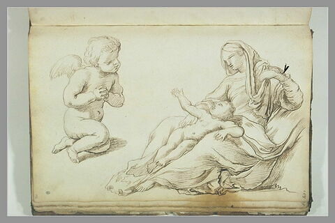 Vierge à l'Enfant étendu sur ses genoux et angelot en adoration, image 2/2