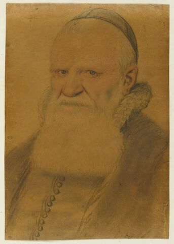 Personnage, à barbe blanche et calotte, vu de trois quarts à gauche, image 1/2