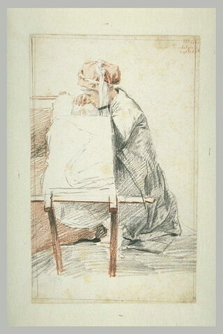 Femme assise à terre, brodant sur son métier