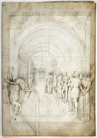 Trois cadavres entourés de spectateurs, sous un portique, image 1/1