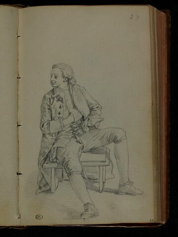 Jeune homme, assis sur un escabeau, vu de face, la tête à gauche, image 1/1