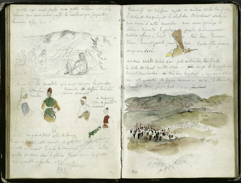 Etrier, cavaliers dans un paysage, notes manuscrites