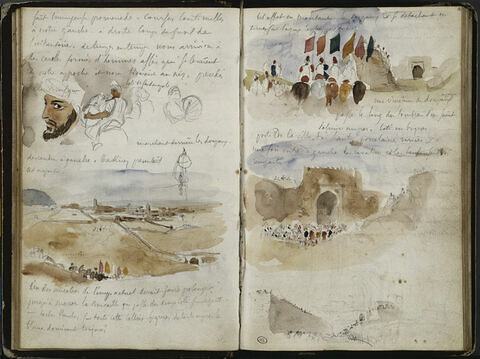 Cavaliers, foule devant une porte de la ville, notes manuscrites, image 1/3