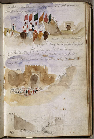 Cavaliers, foule devant une porte de la ville, notes manuscrites, image 3/3