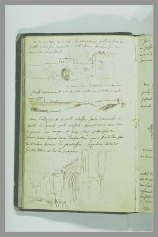 Croquis d'une muraille et d'une porte monumentale, notes manuscrites, image 2/2