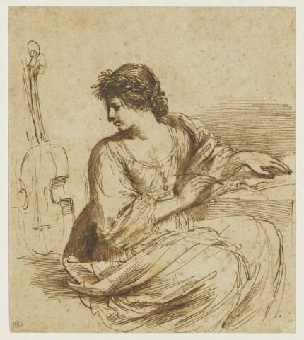 Femme assise, écrivant, près d'un instrument de musique  : la Muse Euterpe