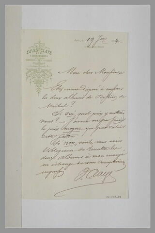 Lettre manuscrite de Jules Claye, datée du 19 Septembre 1874, image 1/1