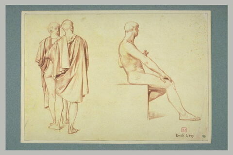 Deux éphèbes, debout, de dos, et homme nu, assis, image 1/1