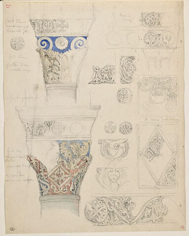 Hosios Loukas, étude de chapiteaux, de motifs décoratifs architecturaux
