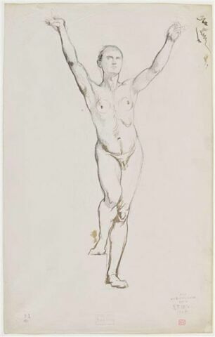Homme nu, vu de face, les bras levés, image 1/2