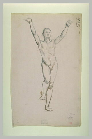 Homme nu, vu de face, les bras levés, image 2/2