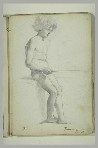 Jeune garçon nu, assis sur un degré, tourné vers la droite, image 1/1