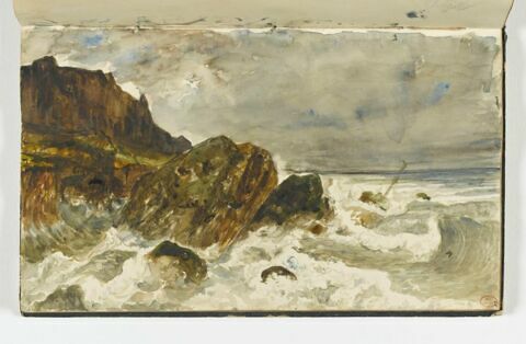 Les vagues se brisant sur les rochers dans la mer, à Houlgate, image 1/2