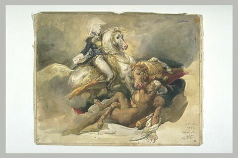 Un officier français sur un cheval blanc et un homme noir près d'un cheval abattu