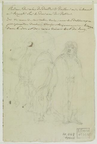 Cavalier oriental de dos, et un homme debout ; texte manuscrit, image 1/2
