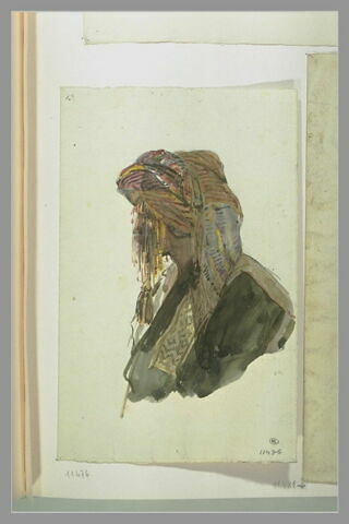 Homme coiffé d'un turban multicolore, en buste, de profil vers la gauche, image 1/1