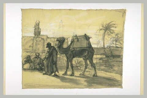 Arabe, de profil à gauche, menant un dromadaire bâté par la bride, image 1/1