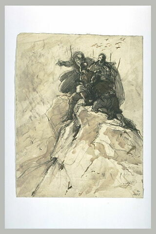 Quatre hommes armés sur un promontoire rocheux
