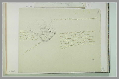 Etude pour les bras de l'homme tenant le sabot du cheval ; note manuscrite