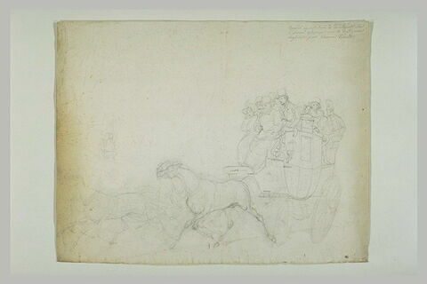 Quatre chevaux trottant et trainant un mail-crach occupé par des voyageurs