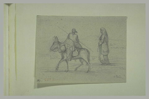 Homme, assis sur un âne marchant vers la gauche et femme marchant à ses côtés à Athènes, image 1/1