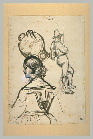 Femme, de dos, une cruche sur la tête, et paysan romain, debout, image 1/1