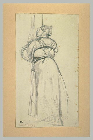 Femme corpulente, de dos, appuyée contre une poutre, image 1/1
