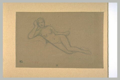 Femme nue, allongée, les jambes vers la droite, le torse redressé, image 1/1