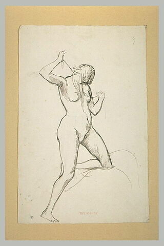 Femme nue, debout, de profil vers la droite, la jambe gauche ployée