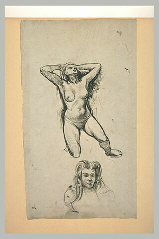 Femme nue, de face, le genou droit à terre ; femme de face, en buste, image 1/1
