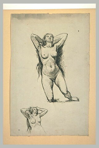 Femme nue, de face, le genou droit en terre ; femme nue, les mains à sa tête, image 1/1