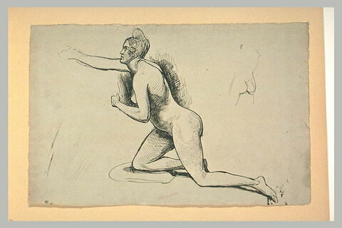 Femme nue, à genoux, de profil vers la gauche ; croquis sommaire d'un dos