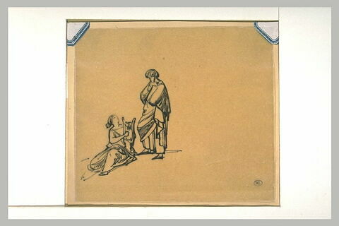 Homme debout devant une femme, assise sur le sol, tenant une lyre