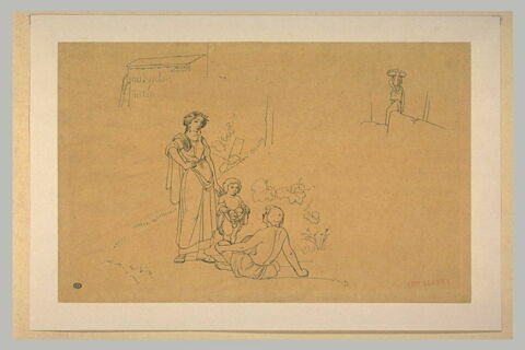 Jeune femme, couronnée de fleurs, debout et jeune enfant nu devant un homme, image 1/1