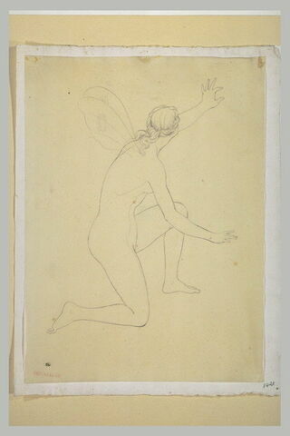 Jeune femme nue, agenouillée sur le genou droit, des ailes dans le dos