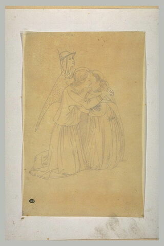 Ange agenouillé, de profil à droite, embrassant un saint