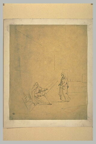 Femme apportant des provisions à un capucin, assis, tenant un livre