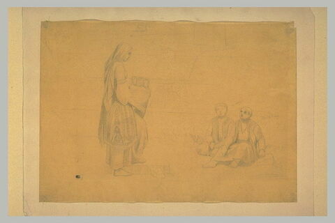 Femme orientale, de profil à droite, debout ; enfants orientaux assis, image 1/1