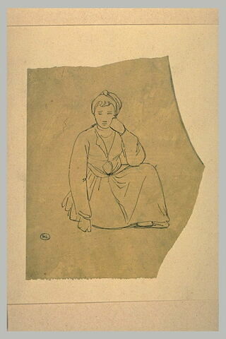 Jeune femme, de face, assise sur le sol, la main gauche posée à terre, image 1/1