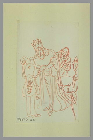 Un roi, en costume de cérémonie, debout, décorant un enfant, et deux laquais